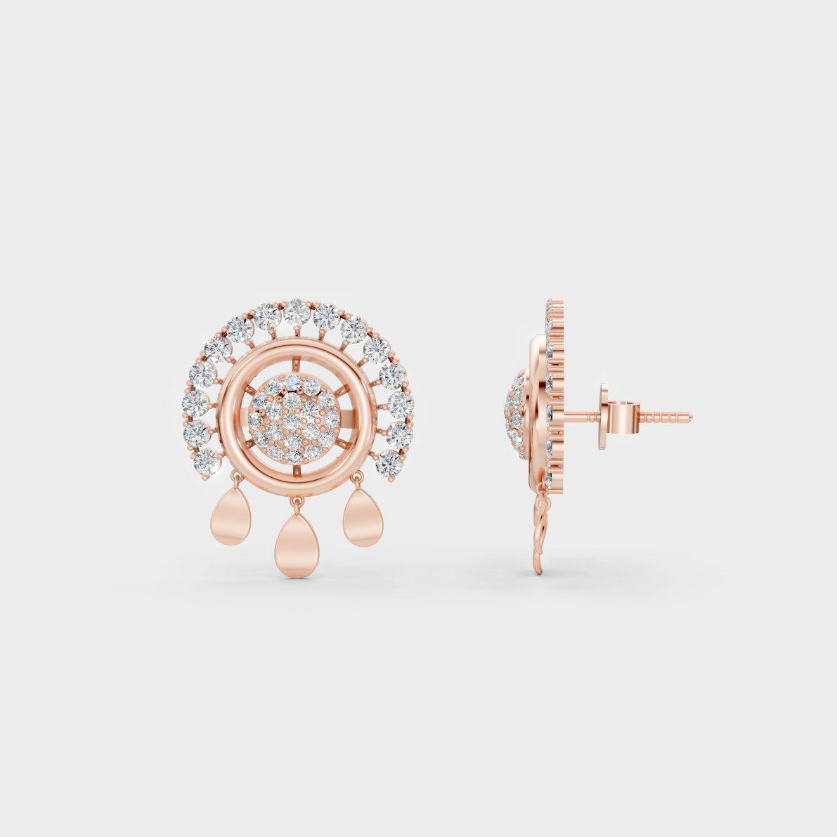Romantic profile of 0.90 Carat Round Cut Lab-Grown Diamond Stud Earrings in blush 14K Rose Gold.